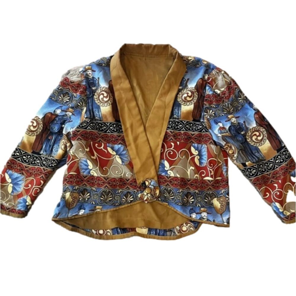 Silk Blend Asian style Cropped Jacket Royal Blue Gold Figures Sz L